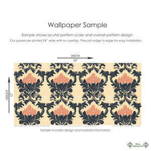 Chic Blossom Damask Wallpaper Sample with pink floral and black leaf motifs on a tan background, perfect for elegant interiors.