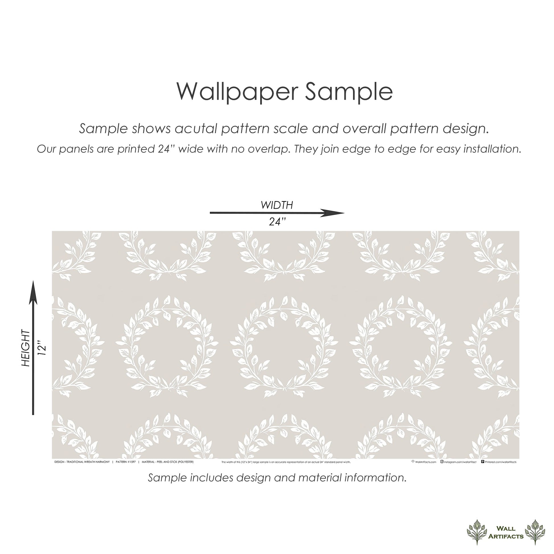 Traditional wreath wallpaper sample with white laurel wreaths on taupe background, showcasing design scale and installation info.