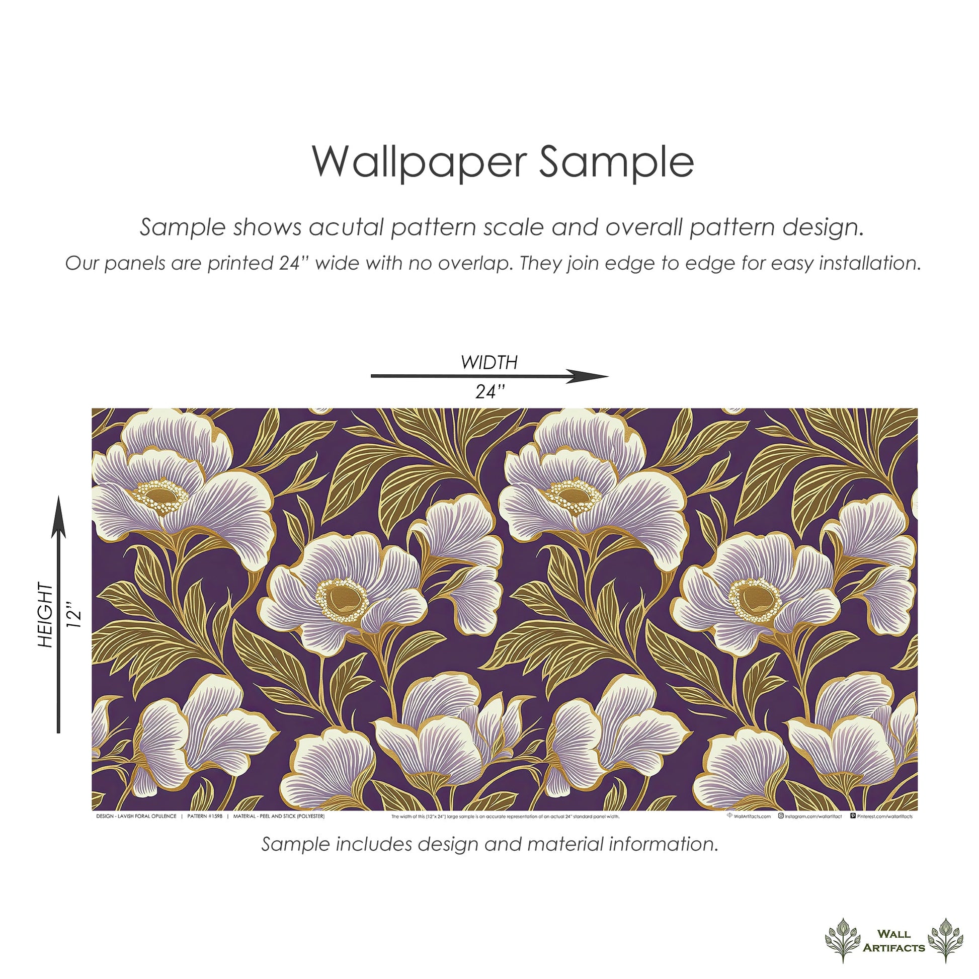 Sample of Lavish Floral Opulence wallpaper with oversized lavender and ivory flowers on a rich purple background with golden accents.