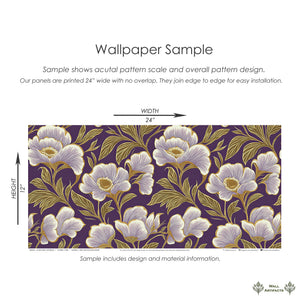 Sample of Lavish Floral Opulence wallpaper with oversized lavender and ivory flowers on a rich purple background with golden accents.