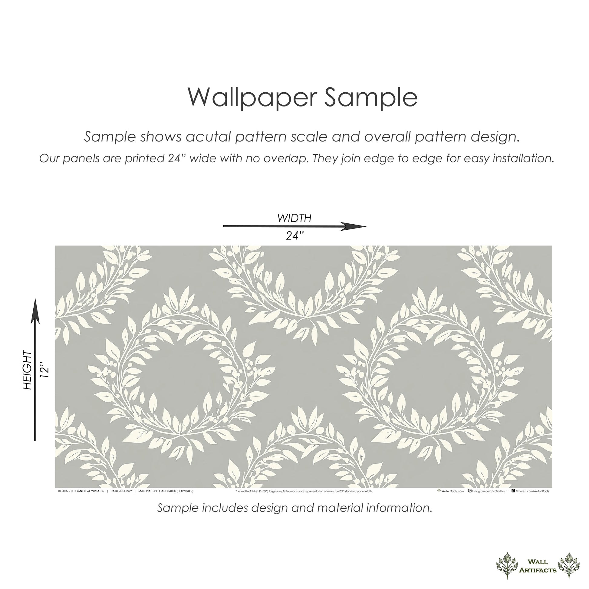 Elegant Leaf Wreaths wallpaper sample in ivory and gray, featuring laurel wreath pattern, ideal for traditional wall decor.