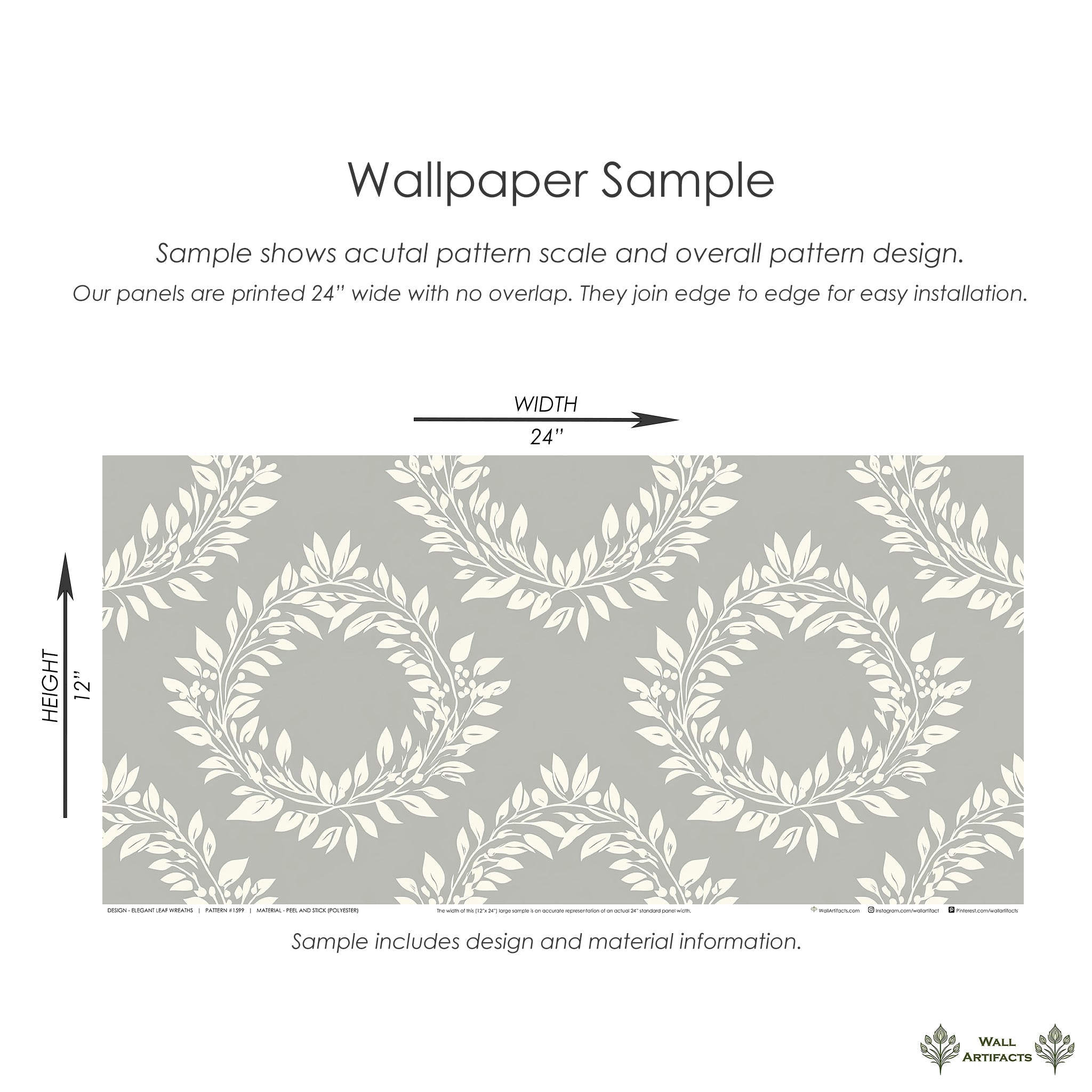 Elegant Leaf Wreaths wallpaper sample in ivory and gray, featuring laurel wreath pattern, ideal for traditional wall decor.