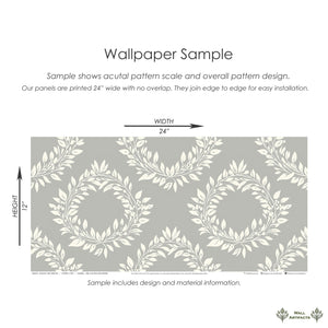 Elegant Leaf Wreaths wallpaper sample in ivory and gray, featuring laurel wreath pattern, ideal for traditional wall decor.