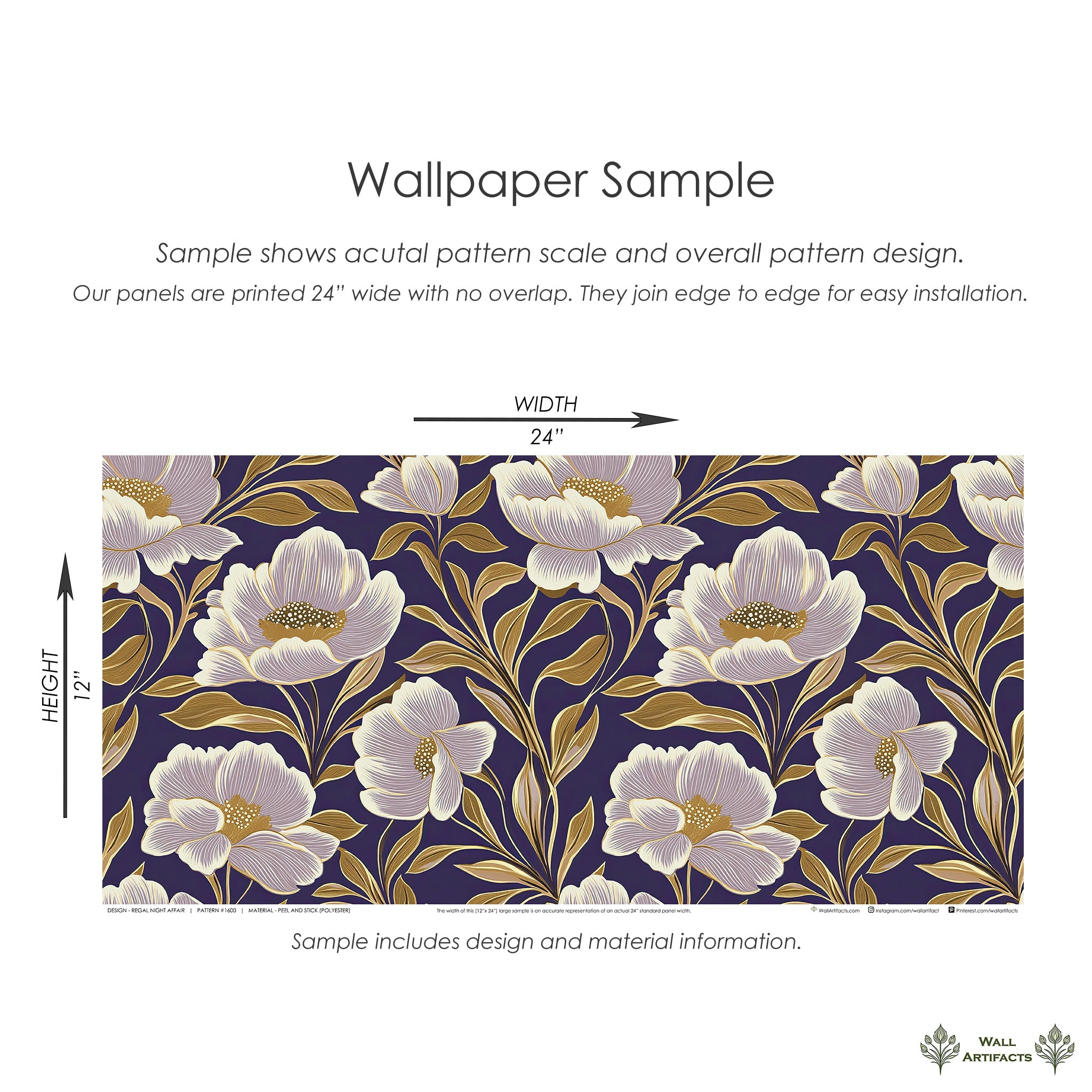 Regal Night Affair floral wallpaper sample with ivory-white flowers on a purple background, showcasing elegance and depth in design.