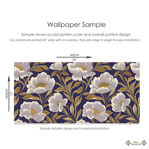 Regal Night Affair floral wallpaper sample with ivory-white flowers on a purple background, showcasing elegance and depth in design.