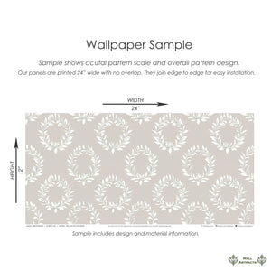 Wreath Reverie wallpaper sample with ivory botanical laurel wreaths on a warm gray background, 24x27 inches, Wall Artifacts.