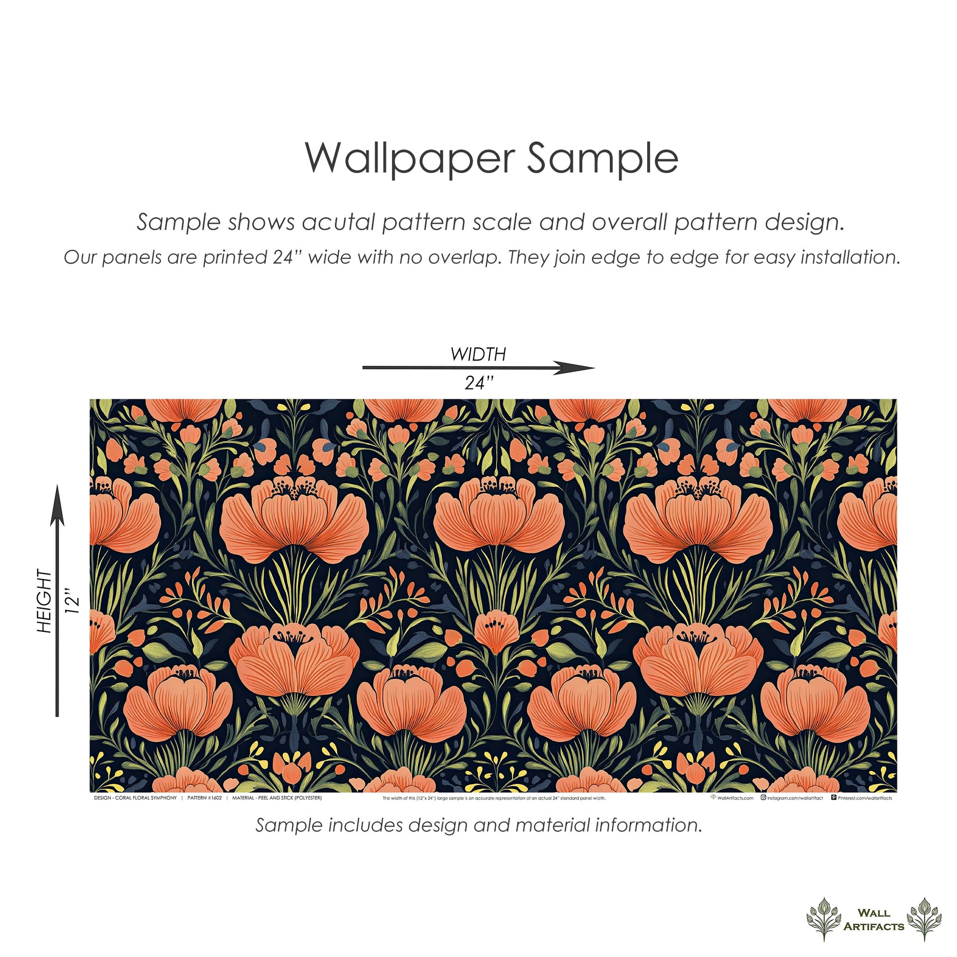 Coral floral wallpaper sample featuring vivid flowers on a black background, ideal for bedrooms and living rooms. Size: 24x12 inches.