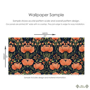 Coral floral wallpaper sample featuring vivid flowers on a black background, ideal for bedrooms and living rooms. Size: 24x12 inches.