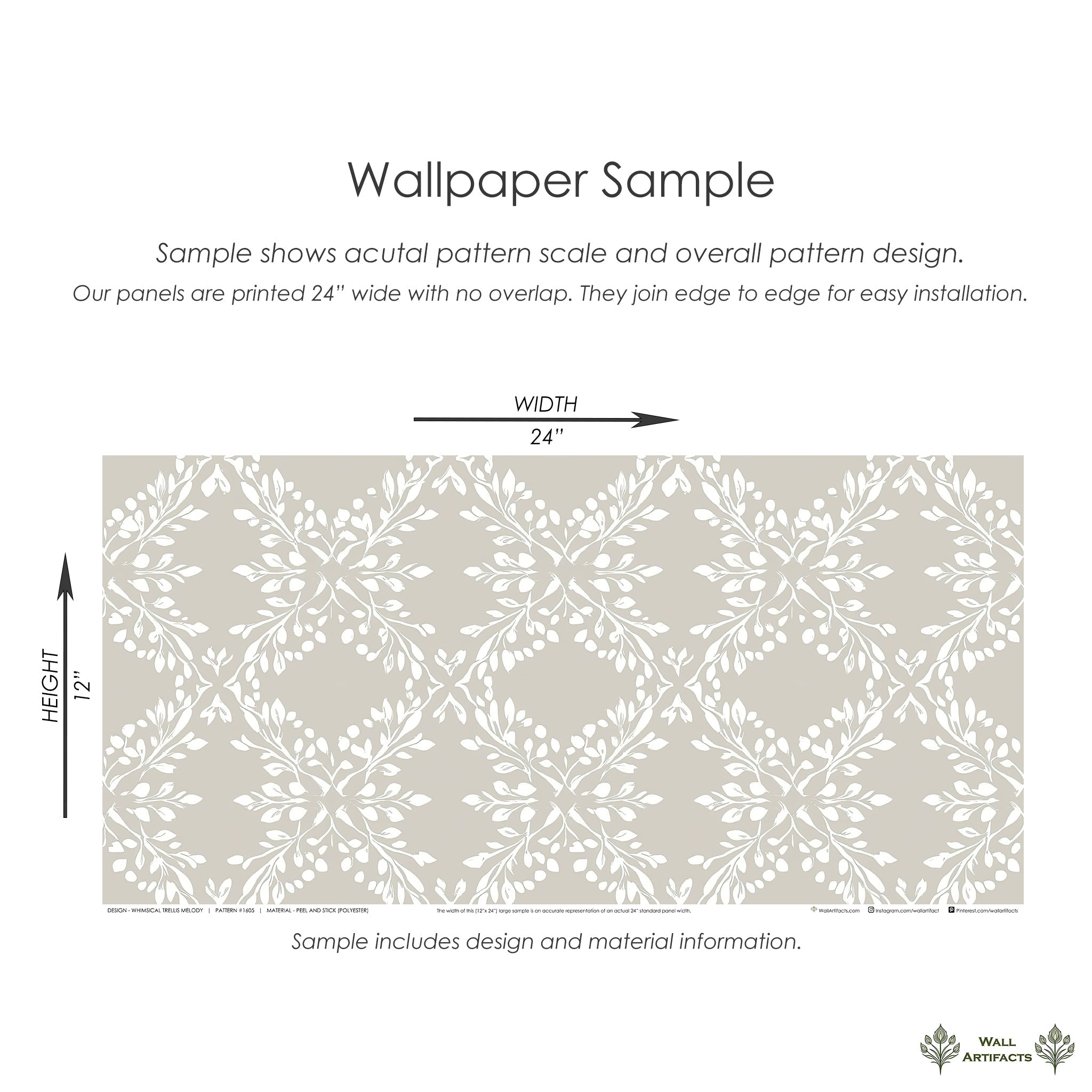 Sample of Whimsical Trellis Melody wallpaper with laurel wreaths and foliage in white and gray botanical pattern.