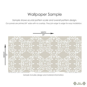 Sample of Whimsical Trellis Melody wallpaper with laurel wreaths and foliage in white and gray botanical pattern.