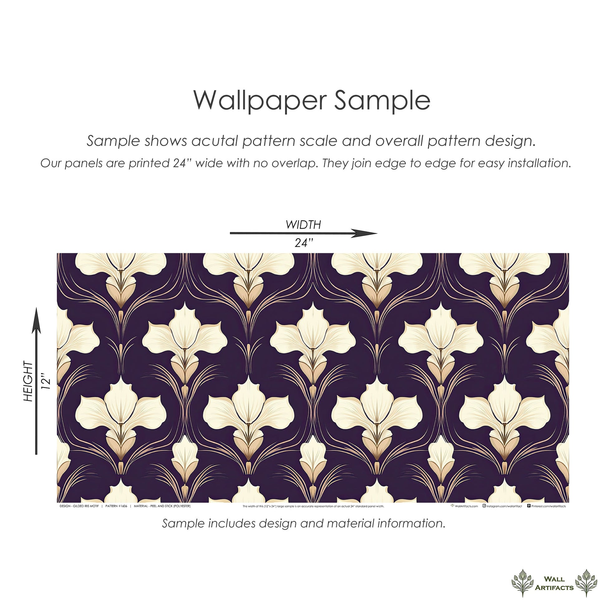 Gilded Iris Motif wallpaper sample with ivory floral design on plum background, featuring Art Deco damask elements for elegant decor.
