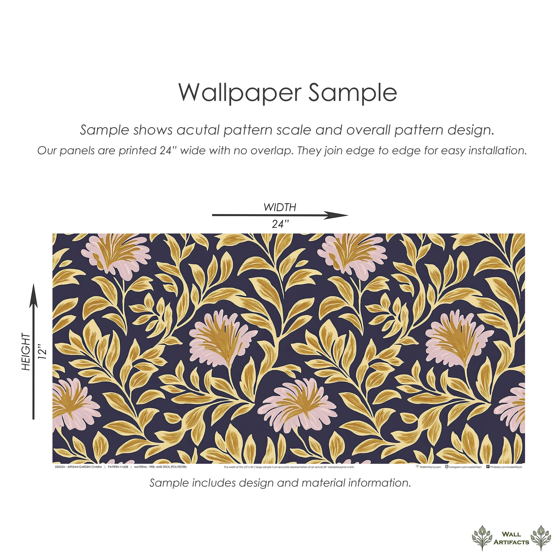 Artisan Garden Charm floral wallpaper with traditional design, featuring blush flowers and gold foliage on a navy background. Size 24"x12".