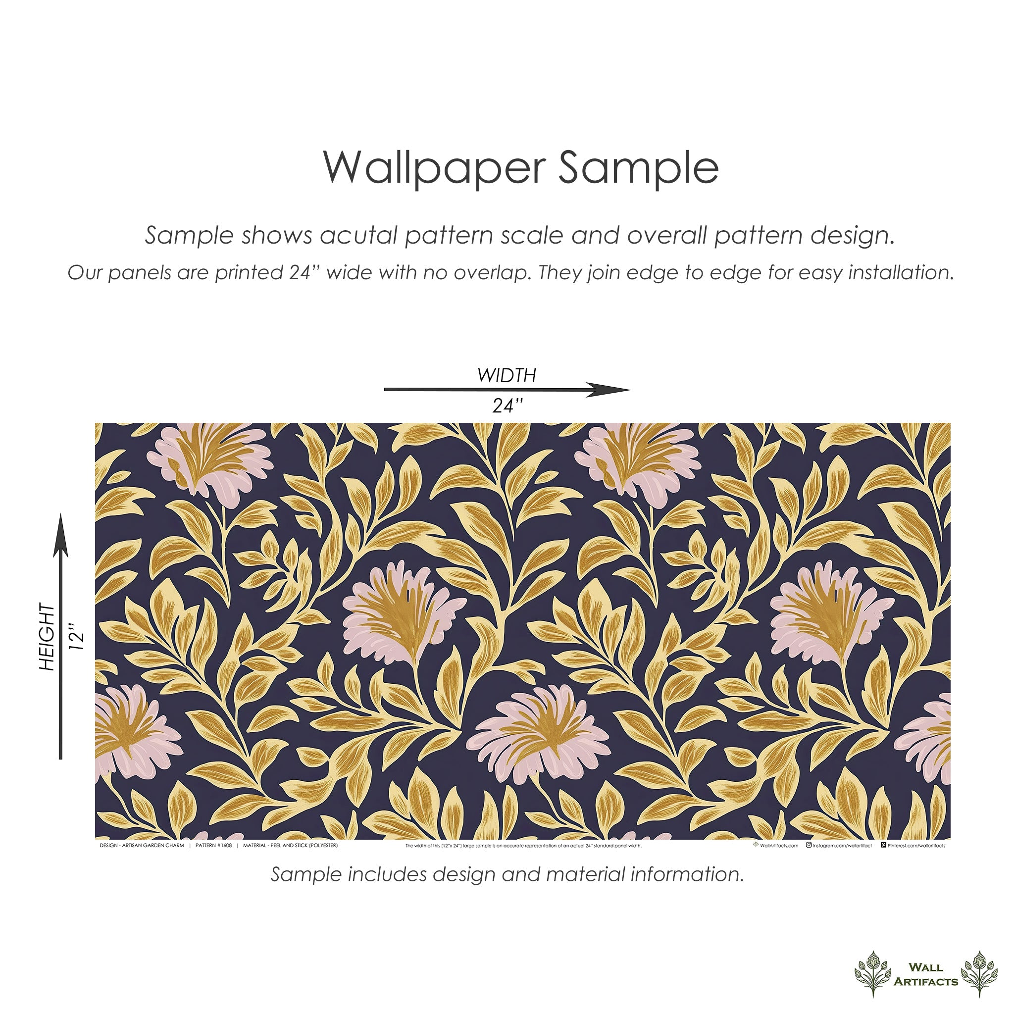 Artisan Garden Charm floral wallpaper with traditional design, featuring blush flowers and gold foliage on a navy background. Size 24"x12".