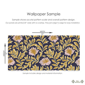 Artisan Garden Charm floral wallpaper with traditional design, featuring blush flowers and gold foliage on a navy background. Size 24"x12".