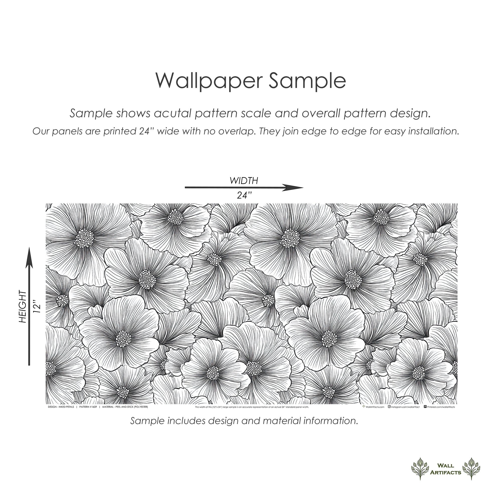 Inked Petals wallpaper sample highlighting intricate black-and-white floral design and modern monochrome elegance.