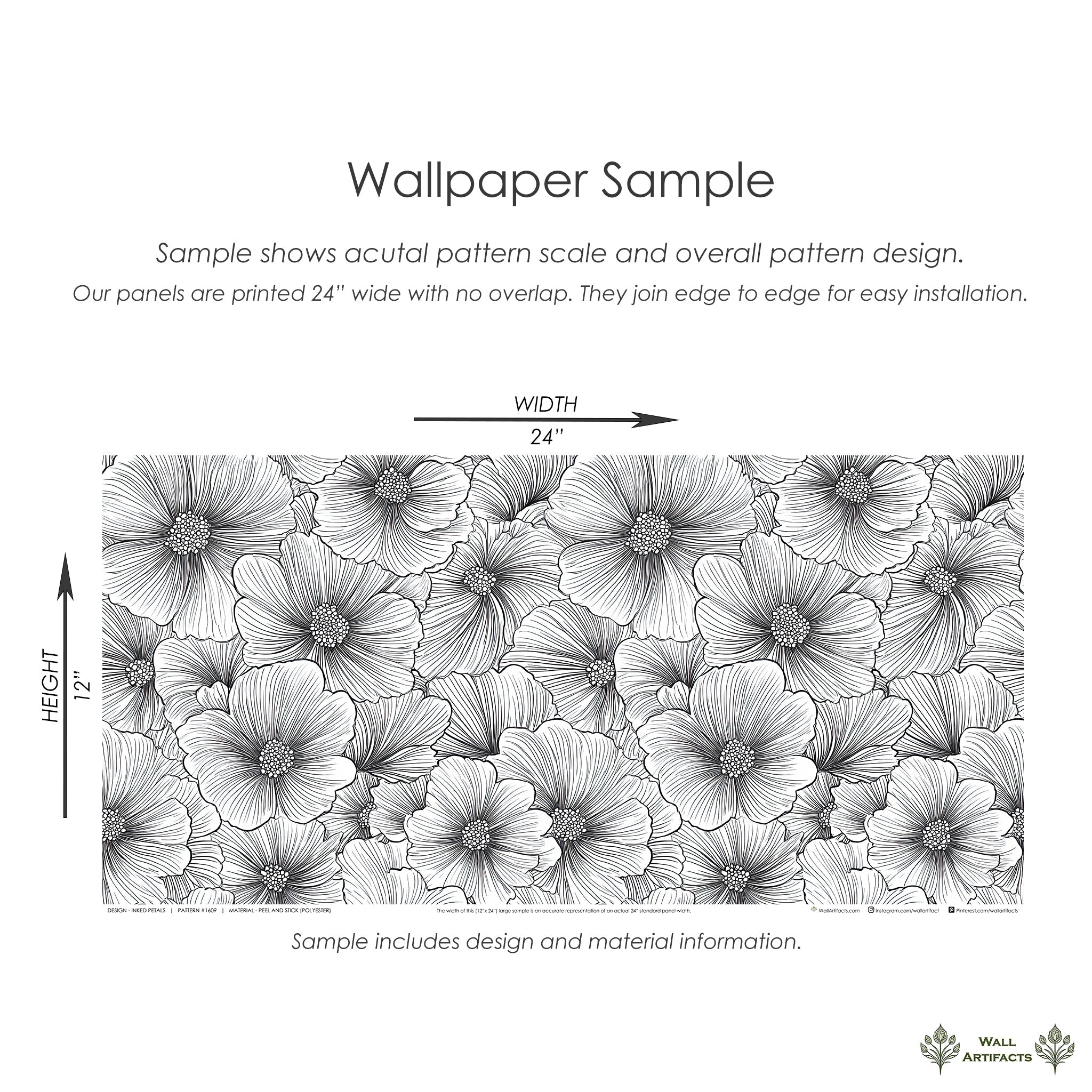 Inked Petals wallpaper sample highlighting intricate black-and-white floral design and modern monochrome elegance.
