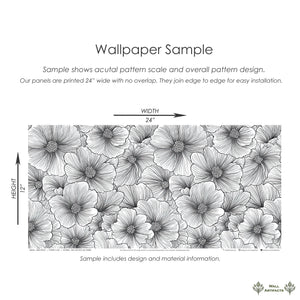 Inked Petals wallpaper sample highlighting intricate black-and-white floral design and modern monochrome elegance.