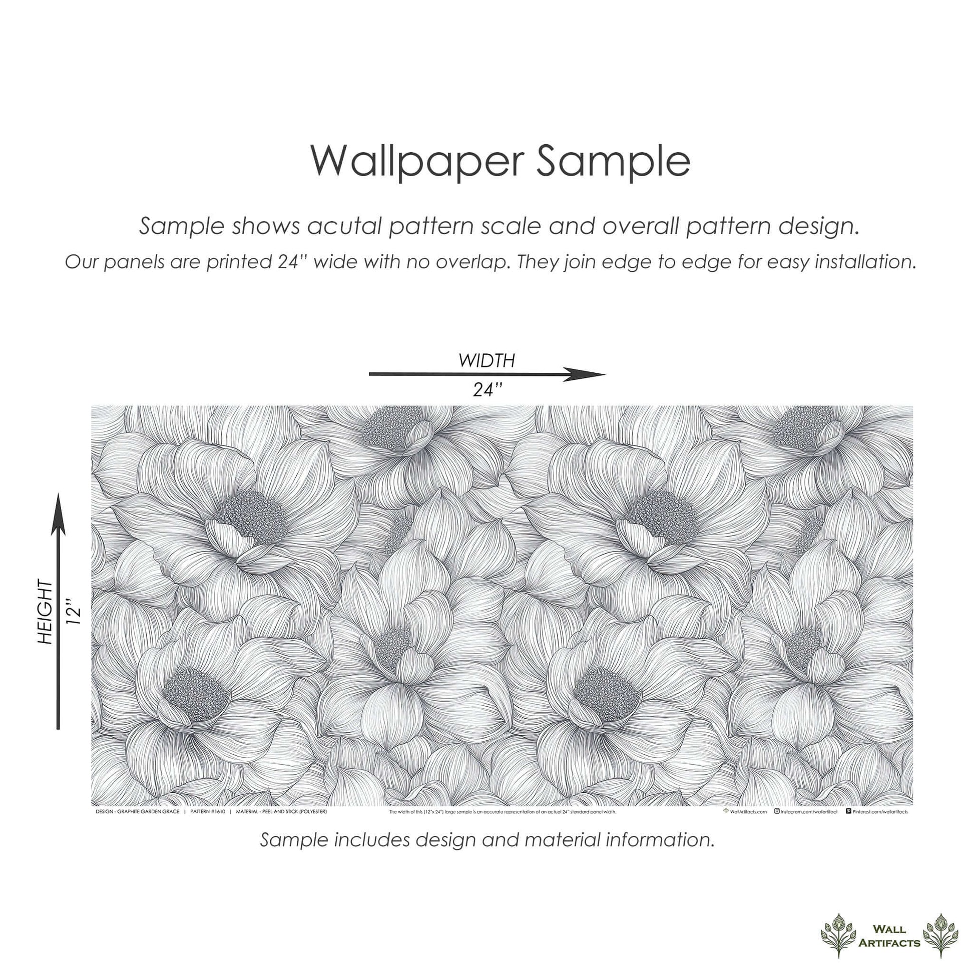 Graphite Garden Dance Wallpaper sample with hand-inked floral design in monochrome, showcasing elegant botanical pattern and dimensions.