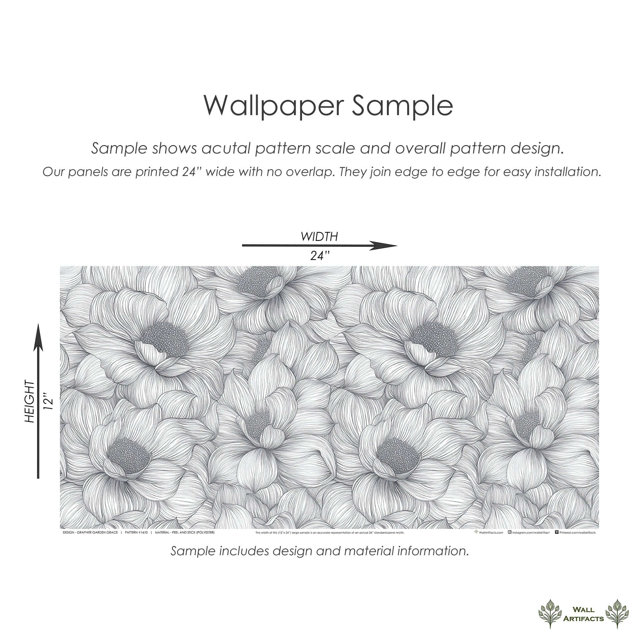 Graphite Garden Dance Wallpaper sample with hand-inked floral design in monochrome, showcasing elegant botanical pattern and dimensions.