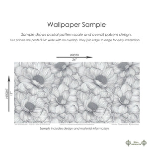 Graphite Garden Dance Wallpaper sample with hand-inked floral design in monochrome, showcasing elegant botanical pattern and dimensions.
