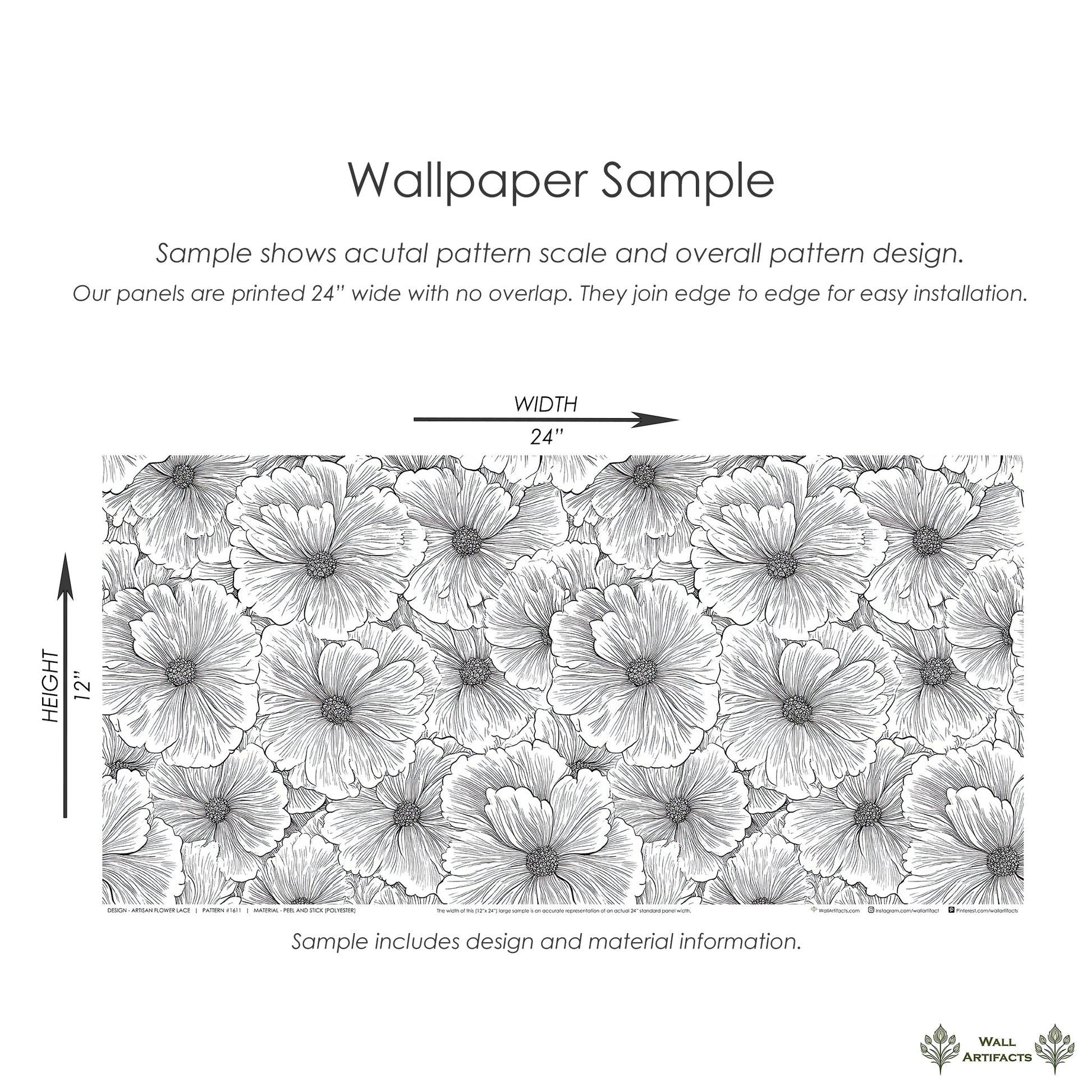 Sample of Artisan Flower Lace wallpaper featuring detailed floral designs in black on a white background.