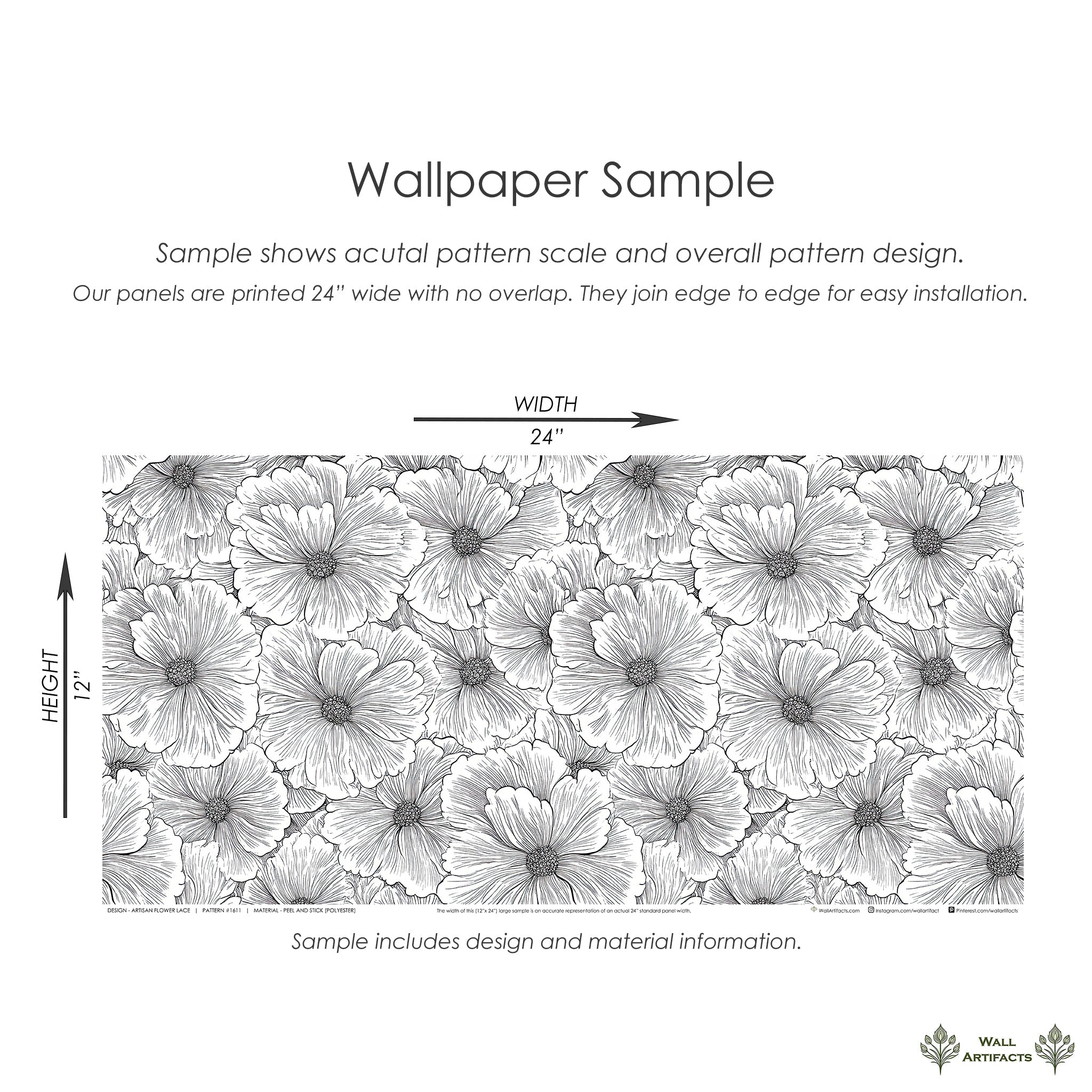 Sample of Artisan Flower Lace wallpaper featuring detailed floral designs in black on a white background.