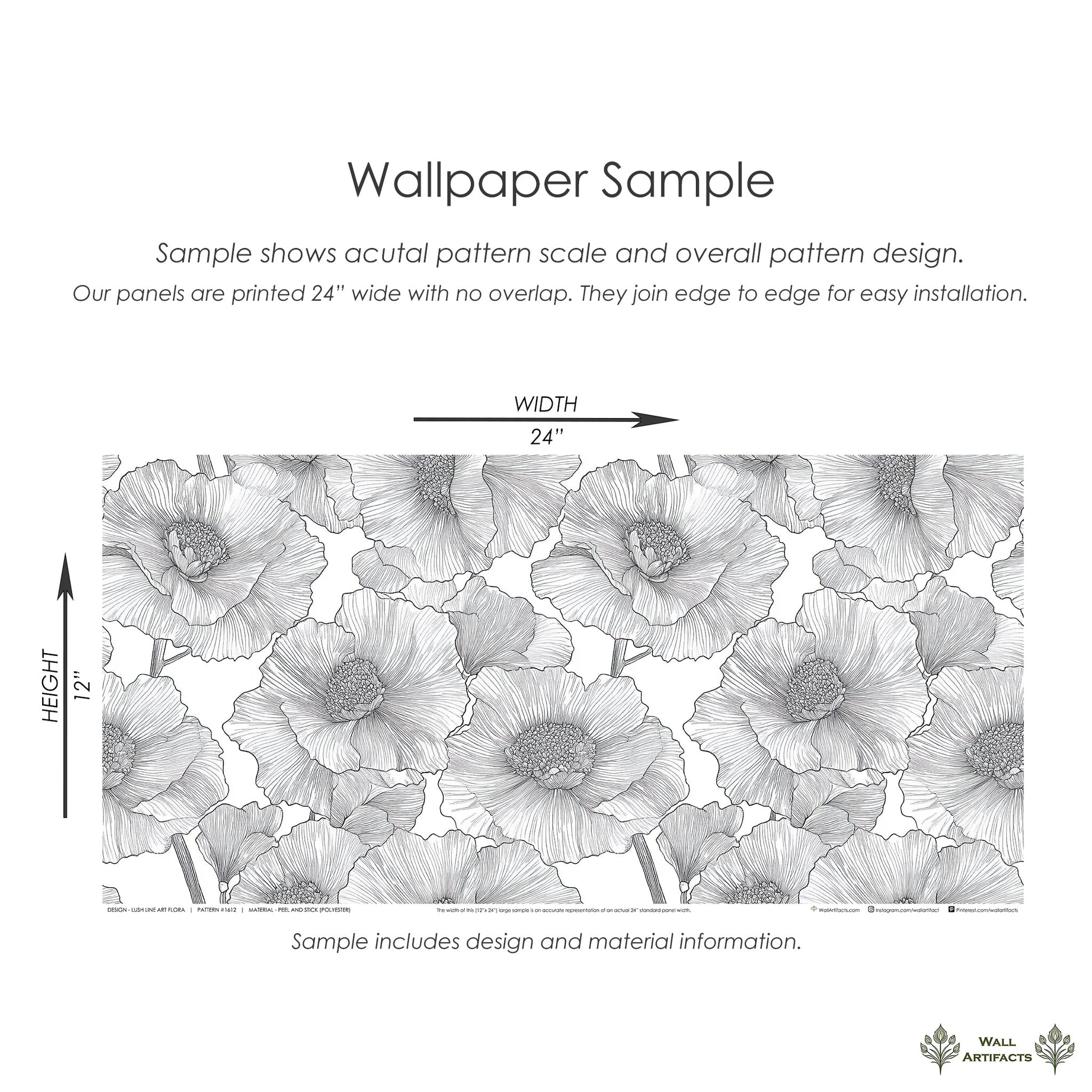 Lush Line Art Flora wallpaper sample showcasing oversized black and white floral design scale for easy installation.