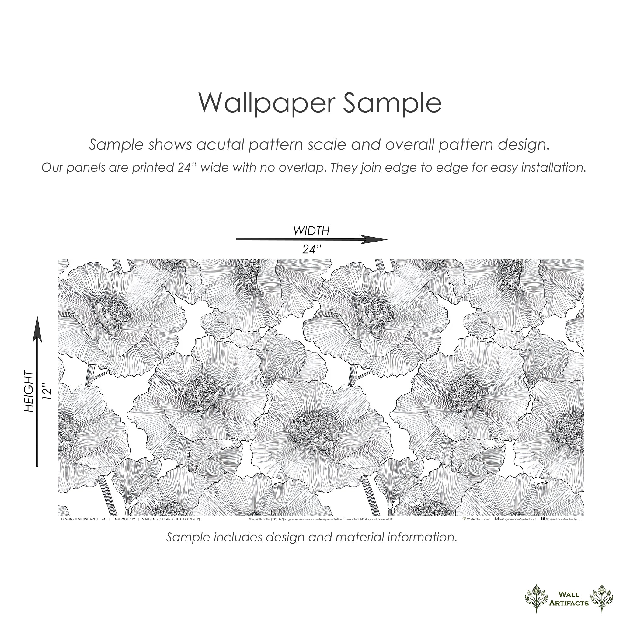 Lush Line Art Flora wallpaper sample showcasing oversized black and white floral design scale for easy installation.
