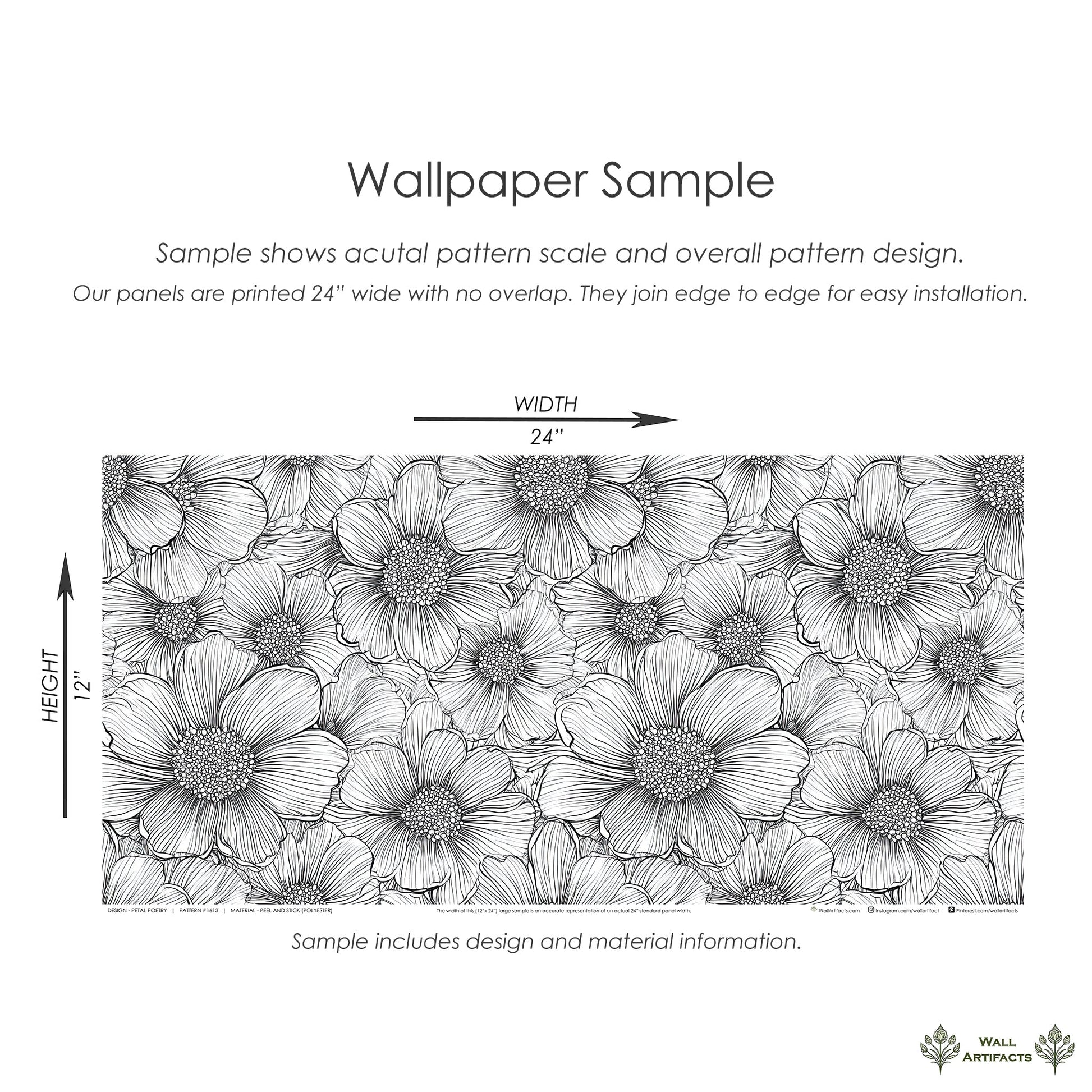 Petal Poetry wallpaper sample showcasing intricate black-and-white floral design in modern art style.