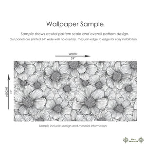 Petal Poetry wallpaper sample showcasing intricate black-and-white floral design in modern art style.