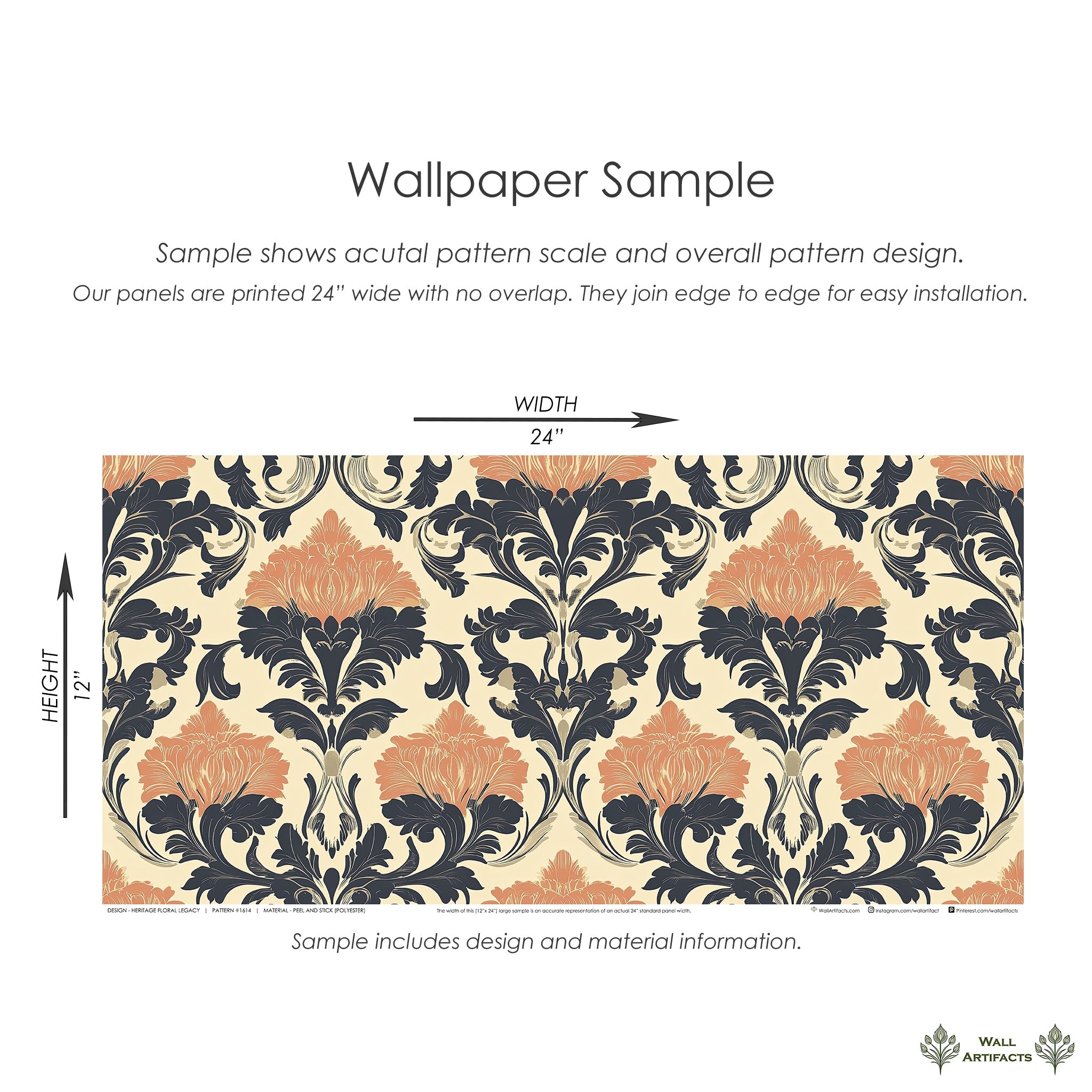 Heritage Floral Legacy wallpaper sample, featuring damask floral pattern in navy, terracotta, and cream for elegant interiors.