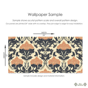 Heritage Floral Legacy wallpaper sample, featuring damask floral pattern in navy, terracotta, and cream for elegant interiors.