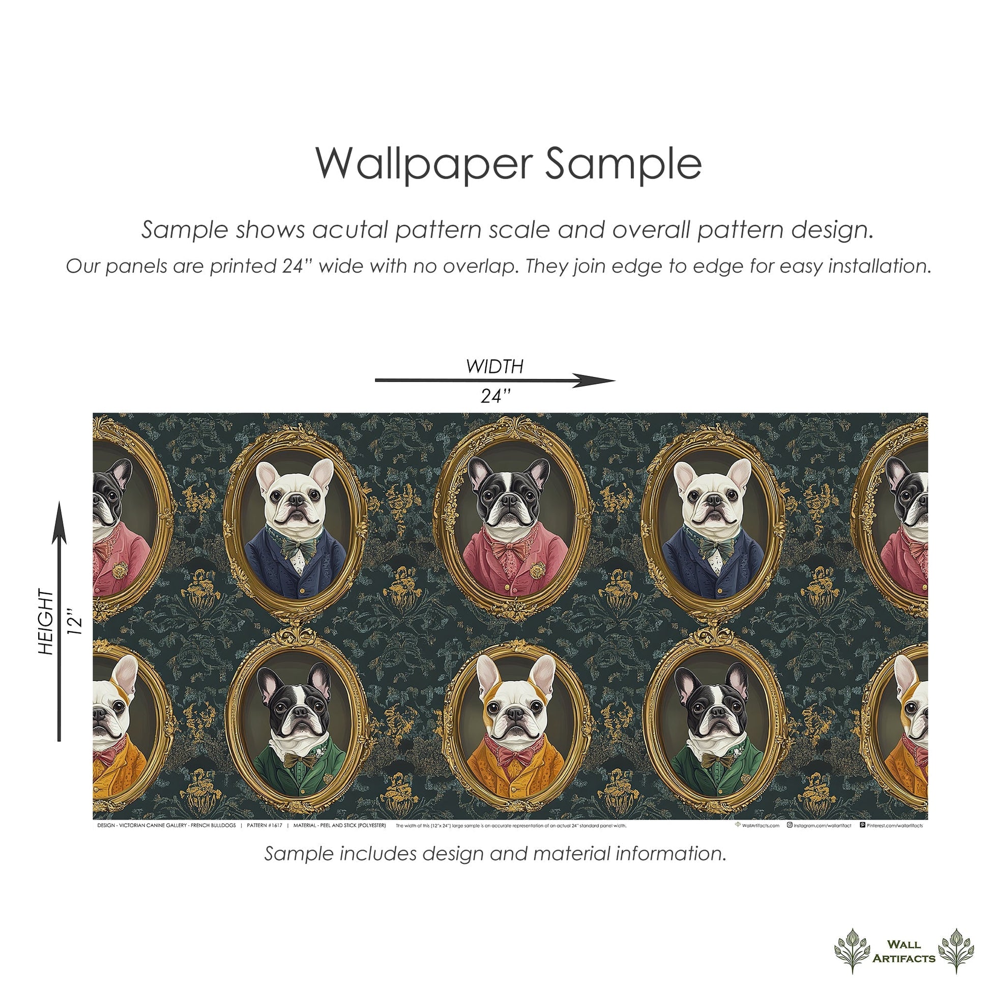 Wallpaper sample showcasing French Bulldogs portraits in Victorian frames with a textured damask background.