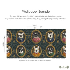 Wallpaper sample showcasing French Bulldogs portraits in Victorian frames with a textured damask background.