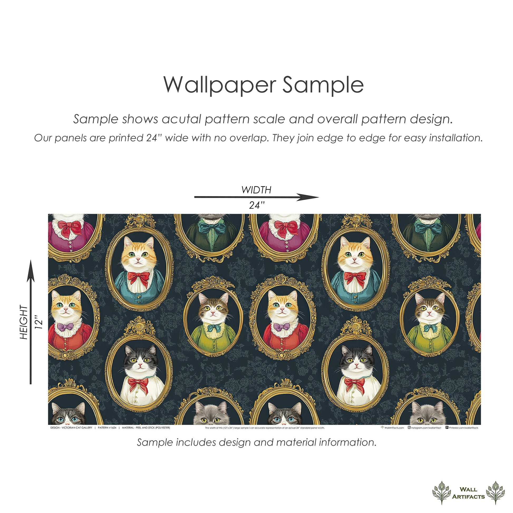 Sample of Victorian Cat Gallery wallpaper with refined cats in portraits, 24" wide by 12" high, showcasing intricate design.