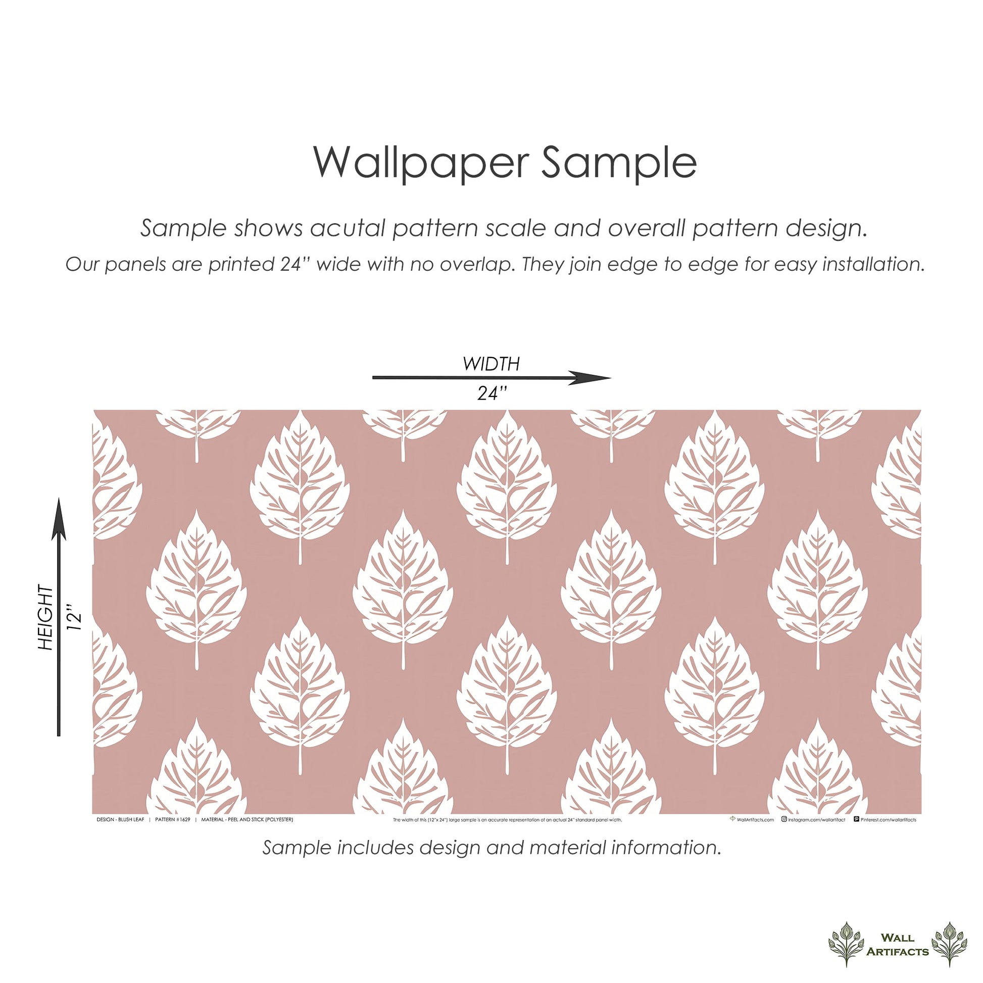 Blush Leaf wallpaper sample showing white leaves on a muted pink background, highlighting pattern scale and design.