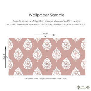 Blush Leaf wallpaper sample showing white leaves on a muted pink background, highlighting pattern scale and design.