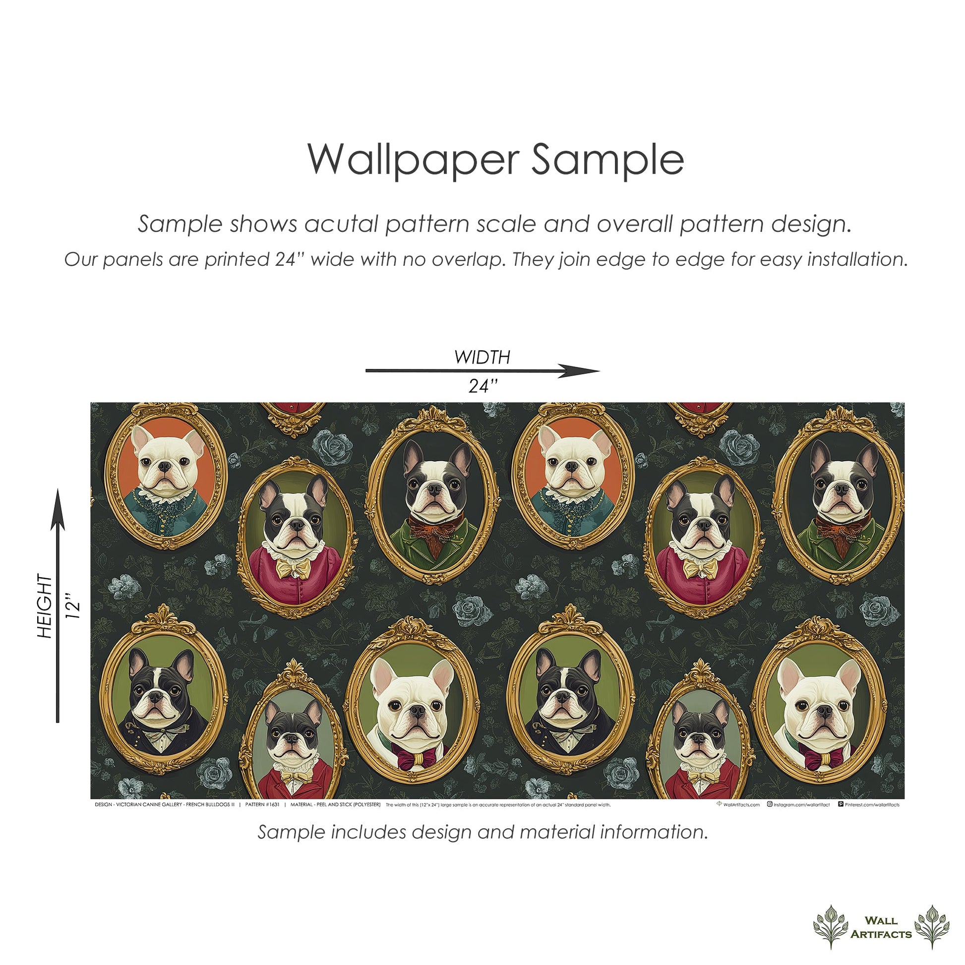 Sample of Victorian French Bulldogs III wallpaper showing detailed portraits of dogs in ornate frames.