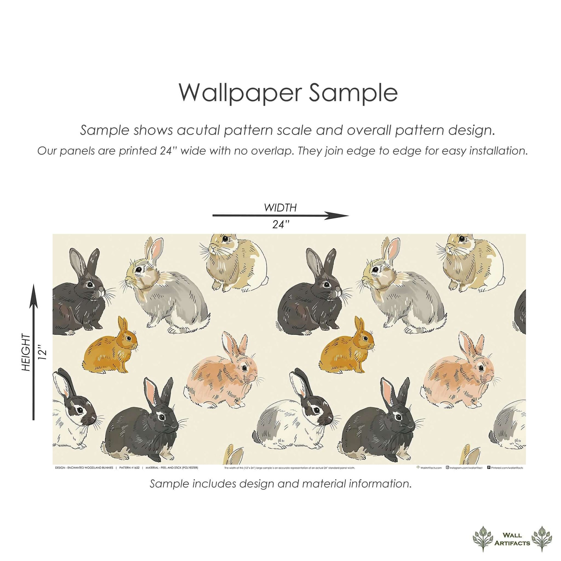 Enchanted Woodland Bunnies wallpaper sample with hand-drawn rabbits on a tan background, ideal for nurseries and children's rooms.