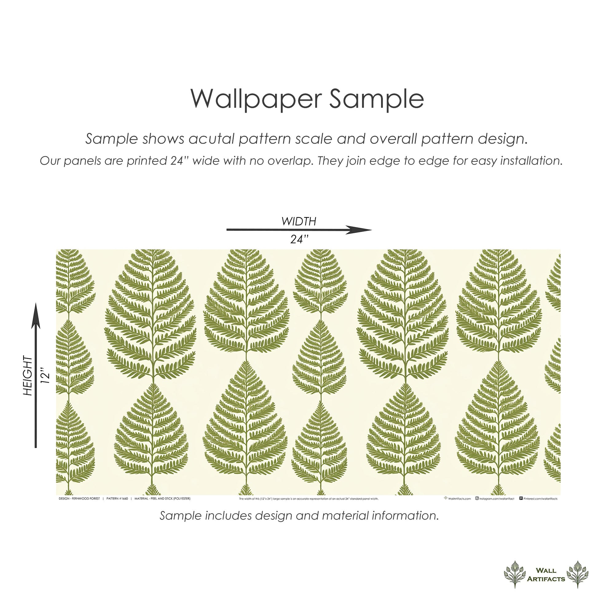 Fernwood Forest wallpaper sample showing green fern fronds on a soft cream background, highlighting design and scale.