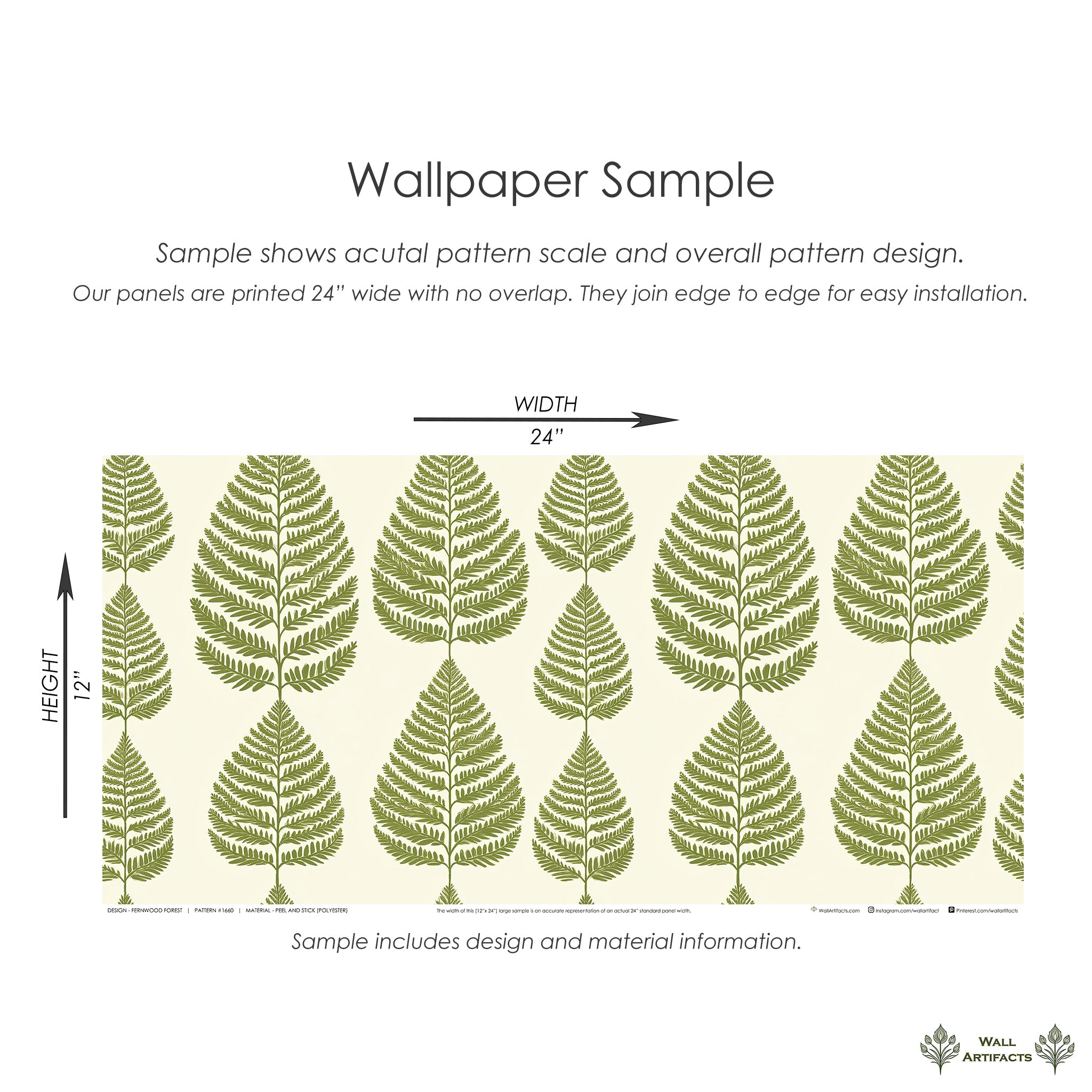 Fernwood Forest wallpaper sample showing green fern fronds on a soft cream background, highlighting design and scale.
