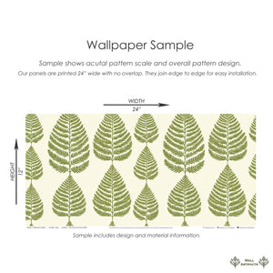 Fernwood Forest wallpaper sample showing green fern fronds on a soft cream background, highlighting design and scale.