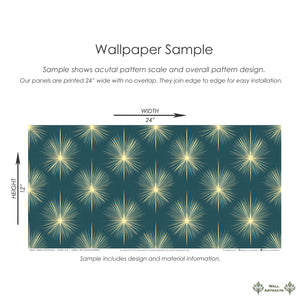 Sample of Champagne Starburst wallpaper showing gold starburst design on deep blue background, ideal for mid-century modern decor.