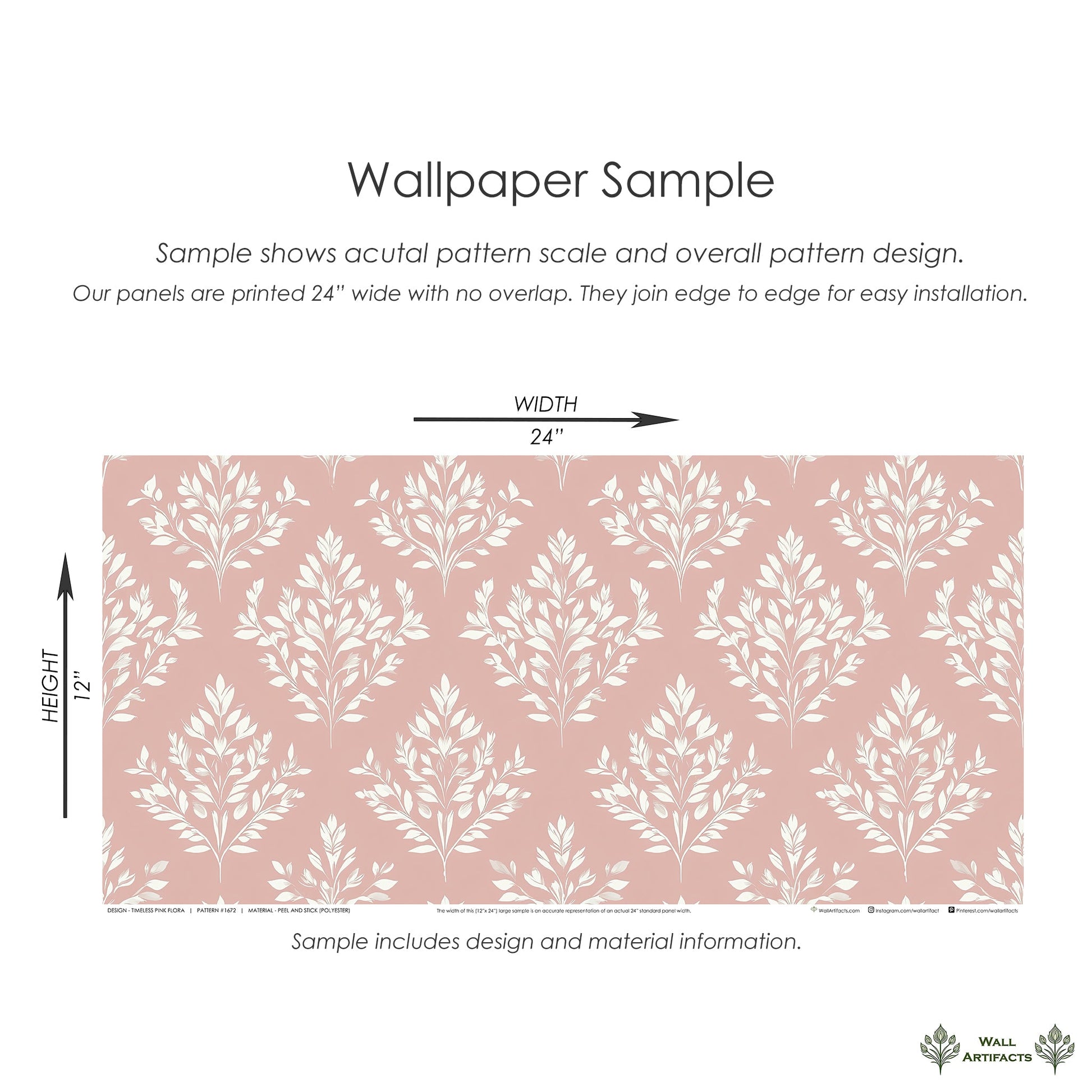 Wallpaper sample of Timeless Pink Flora design featuring floral laurels on a muted pink background, size 24" x 12".