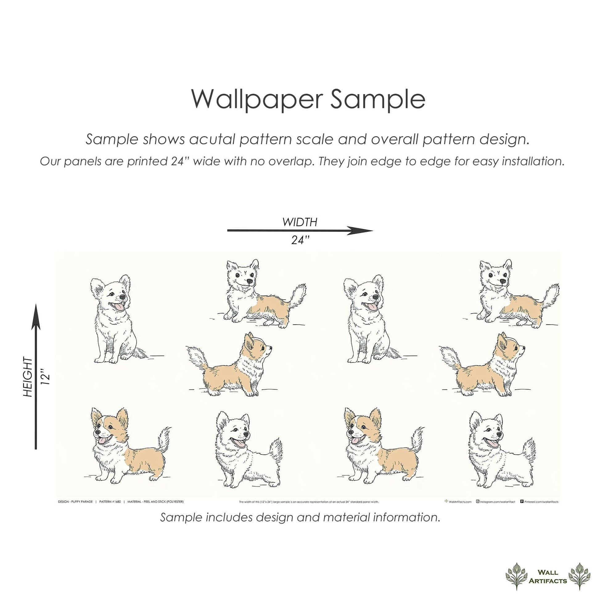 Sample of Puppy Parade wallpaper showing playful puppies on a beige background, perfect for nurseries or children's playrooms.