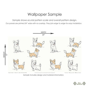 Sample of Puppy Parade wallpaper showing playful puppies on a beige background, perfect for nurseries or children's playrooms.