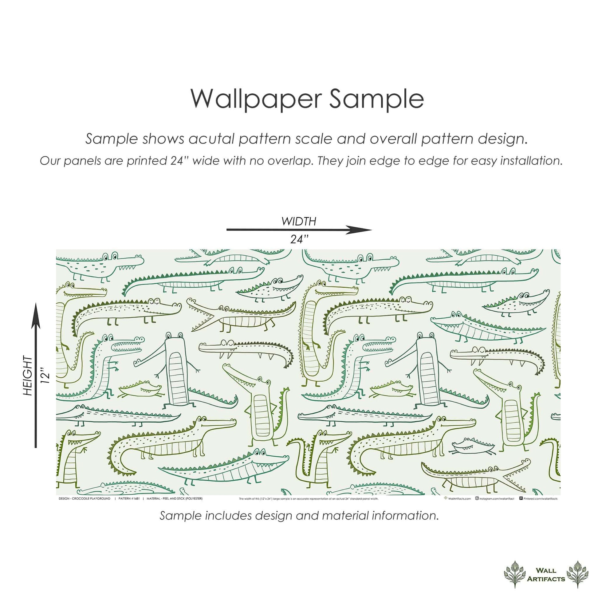 Sample of Crocodile Playground Wallpaper for nurseries and playrooms featuring hand-drawn green crocodiles on pale background, 24" wide.