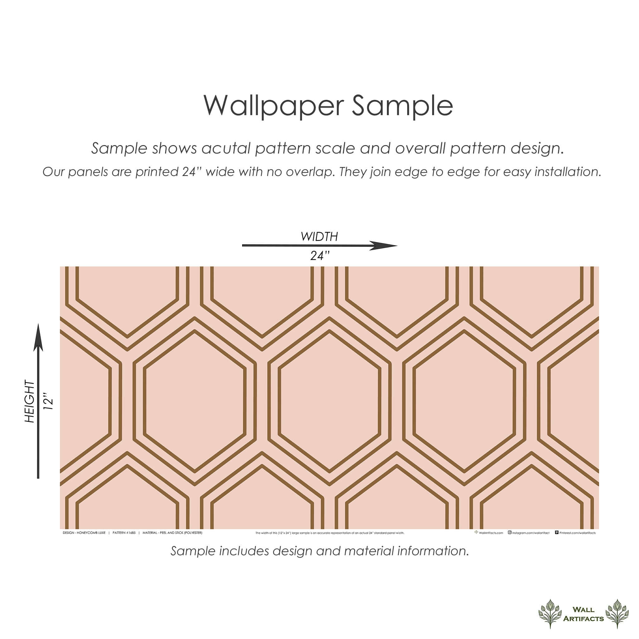 Art Deco-inspired geometric wallpaper sample with honeycomb pattern in bronze and blush, showcasing modern design aesthetics.