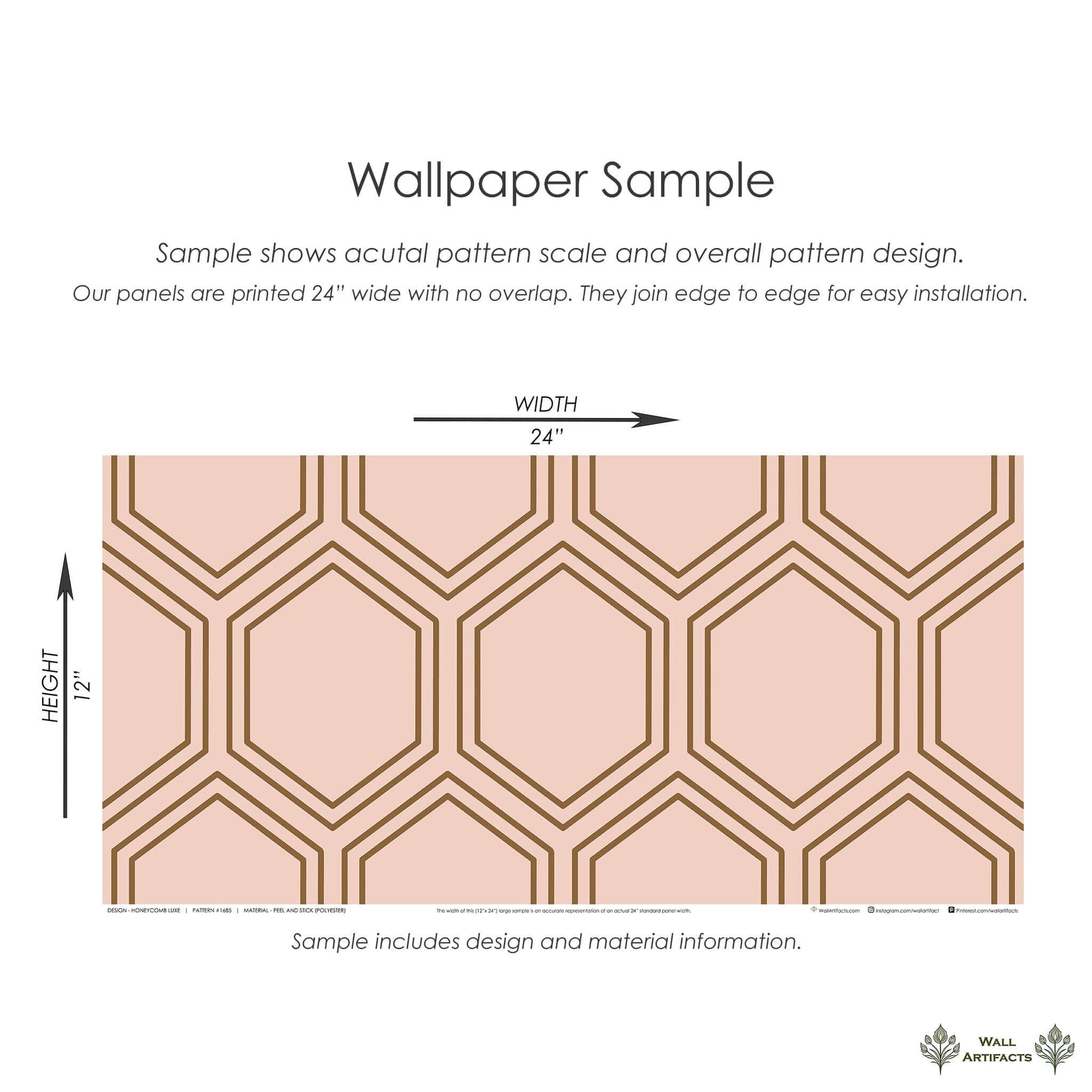 Art Deco-inspired geometric wallpaper sample with honeycomb pattern in bronze and blush, showcasing modern design aesthetics.