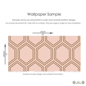 Art Deco-inspired geometric wallpaper sample with honeycomb pattern in bronze and blush, showcasing modern design aesthetics.